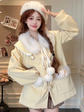 Yellow Sweet Lolita Winter Coat with Faux Fur Trim and Pom-Pom Accents