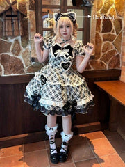 White & Black Plaid Puff Sleeves Sweet Lolita Dress with Sweetheart Appliques