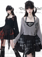 Y2K Gray/Black V-Neck Grunge Knit Sweater with Plaid Cross Decor & Distressed Holes