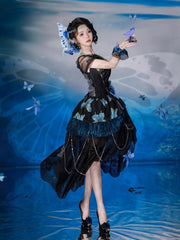 Black Lace Butterfly Print Off-the-shoulder Lolita Dress with Blue Flower Accents and Draped Chains