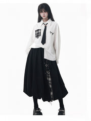 White Long Sleeve Shirt with Plaid Patch Pocket & Utility Buckle Tie