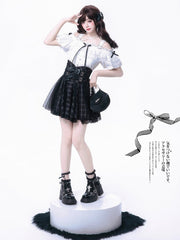 Jirai Kei Black Plaid Skirt High Waist with Layered Overlay & Dual Bow Accents