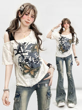 White Bittersweet Kawaii Butterfly Applique Asymmetrical Neckline T-shirt