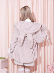 Sweet Jirai Kei Plush Bunny Ear Hooded Coat for Fall/Winter with Lace-Up Sleeves in Dusty Pink/White/Black