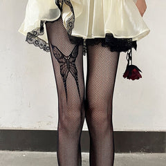 Butterfly Creamy White / Black Tattoo Fishnet Tights
