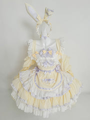 Yellow and Purple Sweet Maid Apron + Basque Waist Tiered Ruffles Hem Strapless Puffy Dress
