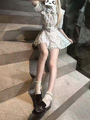 White Plaid Illusion Set: Jirai Kei Dress & Shorts with Lace Panels and Buckle Strap Waist
