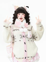 Pink/Red Daily Kawaii Cardigan with Practical Pockets, Horn Toggle & Heart Pattern