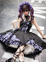 Black and Purple Punk Lolita Plaid Idol Dress Strappy Bat Hem Jumper Skirt