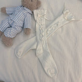 White/Black Side Ruched Bow Decorated Calf Socks with Ruffled Trim