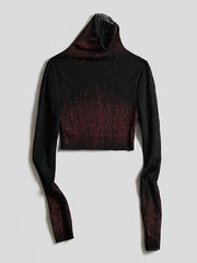 Urban Goth Black & Red Gradient Lace Knitted Long-Sleeve Top Short Version
