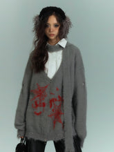 Punk Spiderwebs Gray V-neck Distressed Holes Loose Zip Cardigan with Scarf