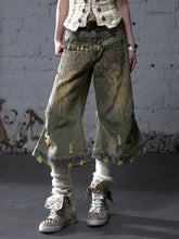 Yellow Vintage Punk Wide-leg Jeans with Distressed Holes & Angel Wing Embroidery