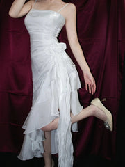 White Vintage Floral Wedding Dress Asymmetrical Hem Prom Gown