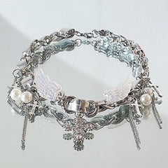 Y2K Silver Cross Wing Pendant Choker