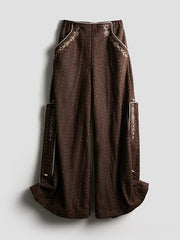 Urban Goth Dark Coffee Thick Embroidered Striped Wide-Leg Pants with Leg-Cuff Design