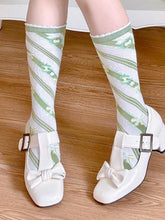 Green Apple Bowknot Print Striped Pattern Lolita Calf Socks