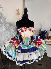 White & Dark Blue Boned Basque Waist Circuscore Puffy Dress with Bowknot on Skirt