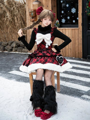 Red and Black Plaid Pattern Winter Lolita Dress with White Plush Hemline and Bow Brooch