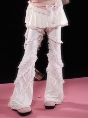 White Balletcore Lace Ruffles Pants + Self-tie Skirt Set