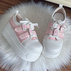 Yami Kawaii Pink Low-top Version Platform Sneakers with Lace-up & Velcro Strap Closures