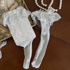 Gray Semi-sheer Tights/White Floral Pattern Hollow-out Socks/White Lace-up Leg Warmers/White Lace Leg Loop
