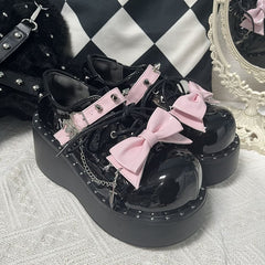 Y2K Polished Black&Pink Stud Bowknot Spider Design Punk Platform Shoes