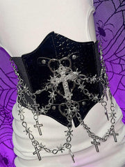 Y2K Punk Crosses Charm Black Heart Design Corset Belt with Chains
