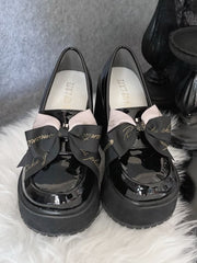 Polished/Matte Black Jirai Kei High Block Heel Platform Slipons with Detachable Bowknots