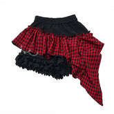 Y2K Black Tiered Skort with Red Plaid Handkerchief Hem and Star Chain
