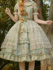Green Bunny and Sunflower Print Puff Sleeves Sweet Lolita Dress with Overlay and Plaid Hem