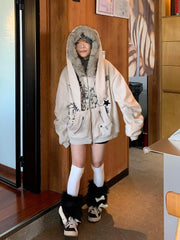 Y2K Khaki Rabbit Ear Hooded Jacket Zip-Up Hoodie for Spring