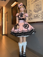 Black Heart Polka Dot Sweetheart Applique Pink Sweet Lolita Dress with Bow Accents
