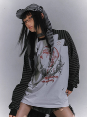 Long Sleeves Striped Top with Black and Gray Colorblock Design and Punk Print