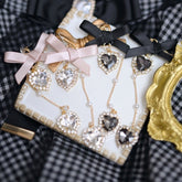 Jirai Kei Black/Dusty Pink Sweetheart Rhinestones Charm Bowknot Ear Clips