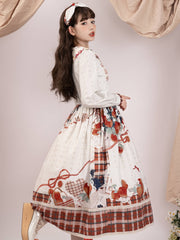 White Apple and Plaid Print Front Button Placket Autumn One Piece