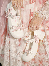 White Beaded Decorated Knotted Bow at Top Round Toe Lolita Shoes