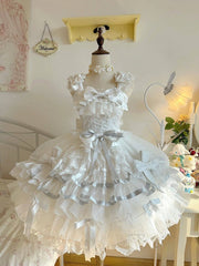 White & Silver Princess Lolita JSK Dress with Layered Ruffle Skirt and Bow Accents