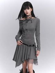 Light Gray Gothic Graffiti Off-Shoulder Dress with Handkerchief Hem & Neck Strap