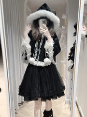 Jirai Kei Black Plush Hooded Cape with Contrast White Lace & Heart Buttons