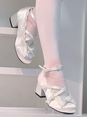 White Elegant Lolita Mary Jane Shoes with Crisscross Straps & Heart Snap