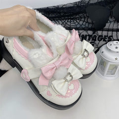 White and Pink Sweet Lolita Platform Mid Heels - Fleece-Lined with Bow Accents & Heart Details