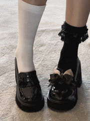 Polished/Matte Black Jirai Kei High Block Heel Platform Slipons with Detachable Bowknots