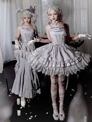 Silver Gray Drawstring Detail Gothic Witch Lolita Layered Skirt