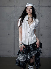 White Wasteland Punk V-Neck Distressed Short Sleeve Blouse with Pintuck Pleats