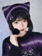 Gothic Purple Cheongsam Faux Mink Cat Ear Beanie with Gradient Stripes & Pom-Poms