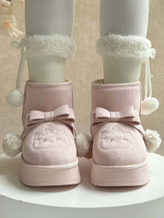 Sweet Pink Lolita Winter Platform Boots - Pompom Accent Bow Design with Embroidered Kitty & Warm Inner