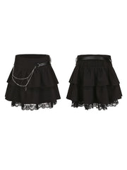 Plus Size Y2K Gothic Black Striped Tiered Skirt with Floral Embroidered Lace Trim