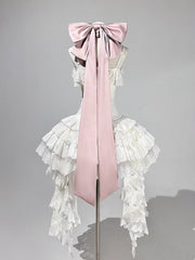 White Spaghetti Straps Corset Dress Balletcore Lolita JSK + Pink Bloomer Shorts + Pink Bows
