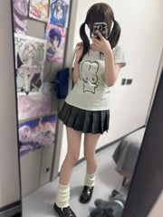 Gray Jirai Kei Puppy Print Round Neck T-shirt